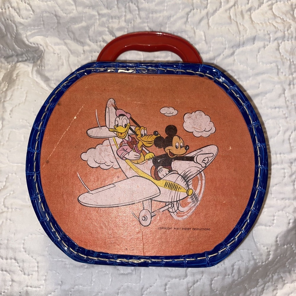 Vintage Disney Mickey Mouse Donald Duck Pluto Plane Suitcase Travel Bag Rare 50s